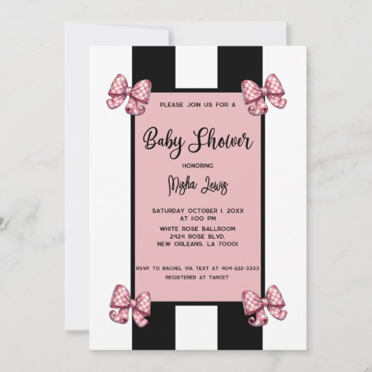 Coquette Roze Bogen Zwarte Streep Baby shower Kaart (Voorkant)