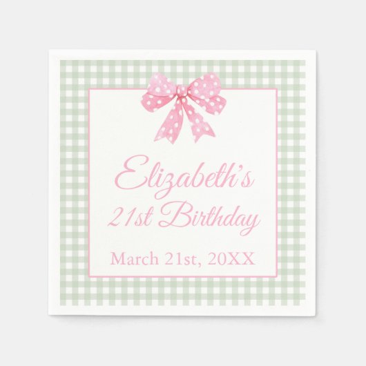 Coquette roze boog en sage gingham 21e verjaardag servet (Voorkant)