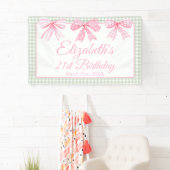 Coquette roze boog en sage gingham 21e verjaardag spandoek (Insitu)
