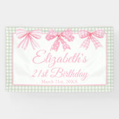 Coquette roze boog en sage gingham 21e verjaardag spandoek (Horizontaal)