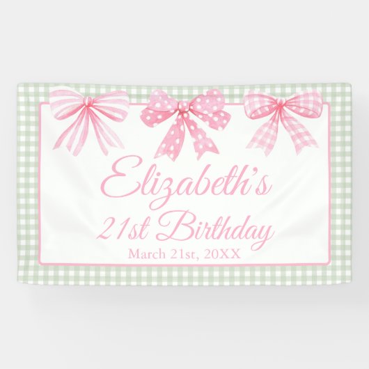 Coquette roze boog en sage gingham 21e verjaardag spandoek (Horizontaal)