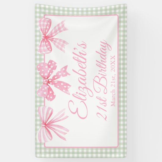 Coquette roze boog en sage gingham 21e verjaardag spandoek (Verticaal)