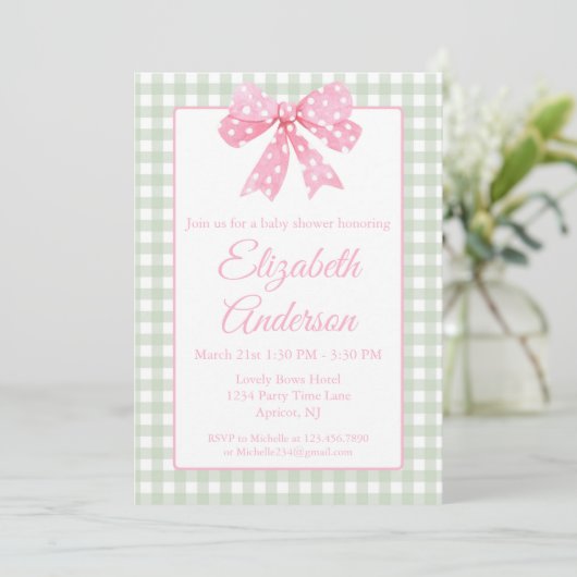 Coquette roze boog en sage gingham Baby shower Kaart (Staand voorkant)