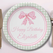 Coquette roze boog en sage gingham verjaardag papieren bordje