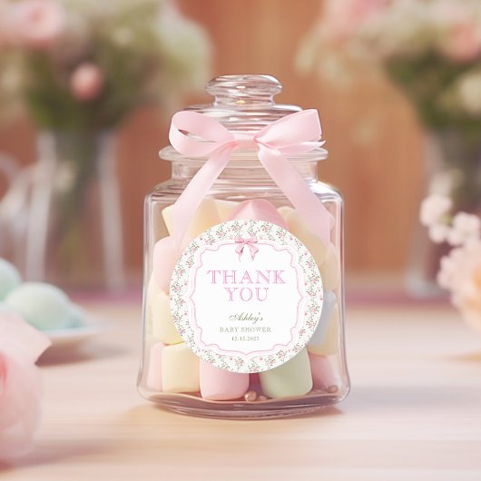 Coquette roze boog meisje Baby shower dank u Ronde Sticker