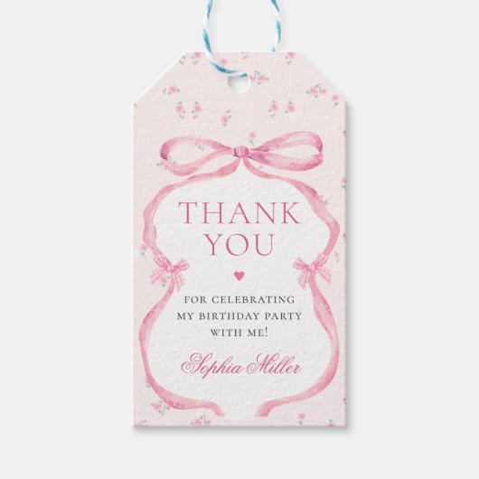 Coquette Roze Boog Verjaardag Cadeaulabel (Voorkant)