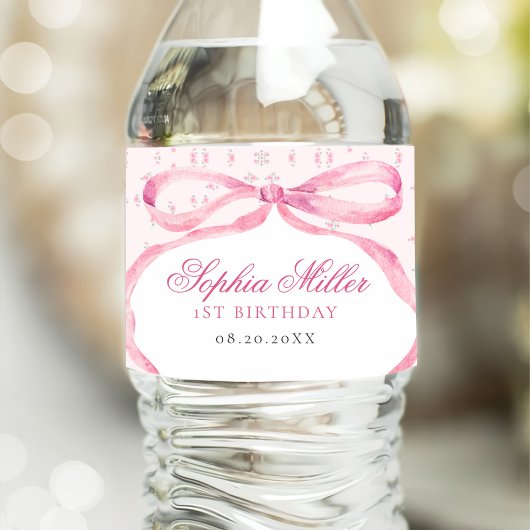Coquette Roze Boog Verjaardag Waterfles Etiket