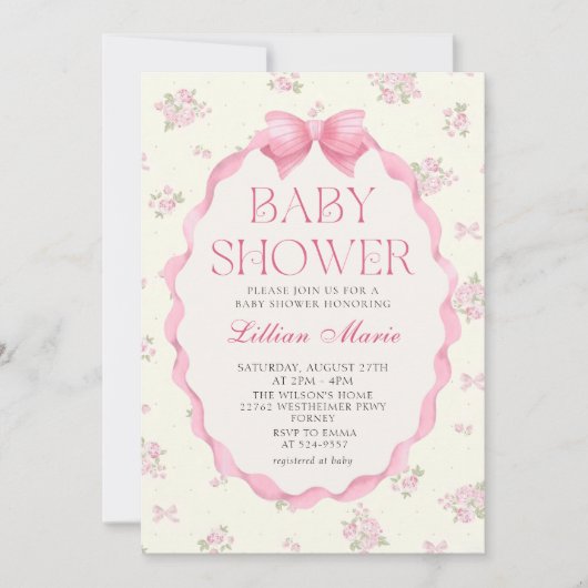 Coquette Roze Bow Baby shower Invitation Kaart (Voorkant)