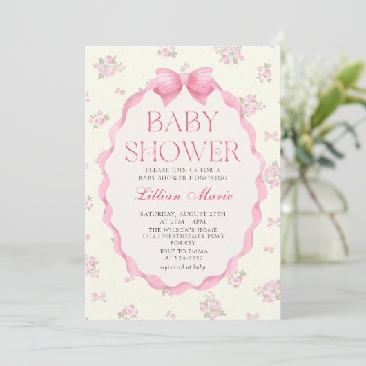 Coquette Roze Bow Baby shower Invitation Kaart (Staand voorkant)