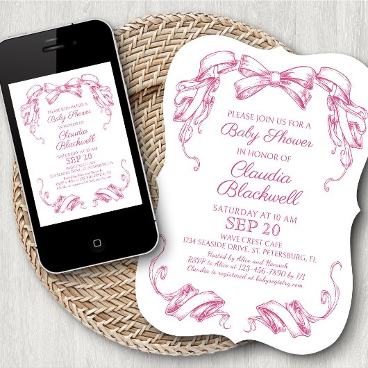 Coquette Roze Bow Baby shower Invitation Kaart