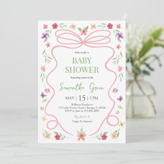 Coquette Roze Bow Baby shower Kaart (Staand voorkant)