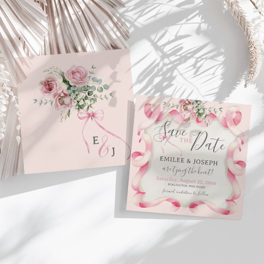 Coquette Roze Bow Bloemen Bruiloft Save the Date Kaart