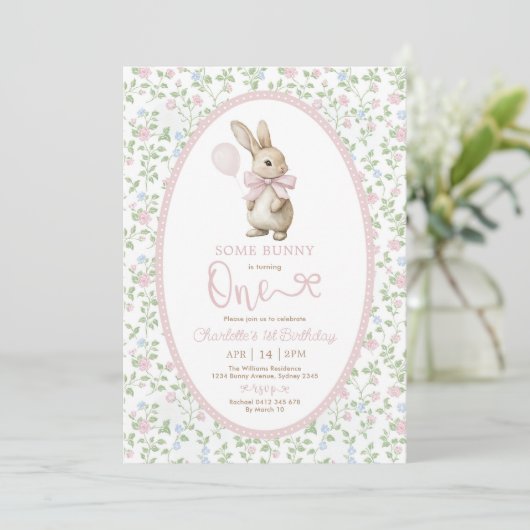 Coquette Roze Bow Bunny Konijn Meisje 1e Verjaarda Kaart (Staand voorkant)