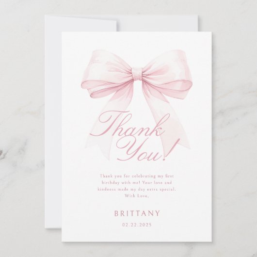 Coquette Roze Bow Eerste Verjaardag Bedankt Card (Voorkant)