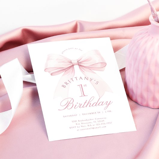 Coquette Roze Bow Eerste verjaardag Uitnodiging