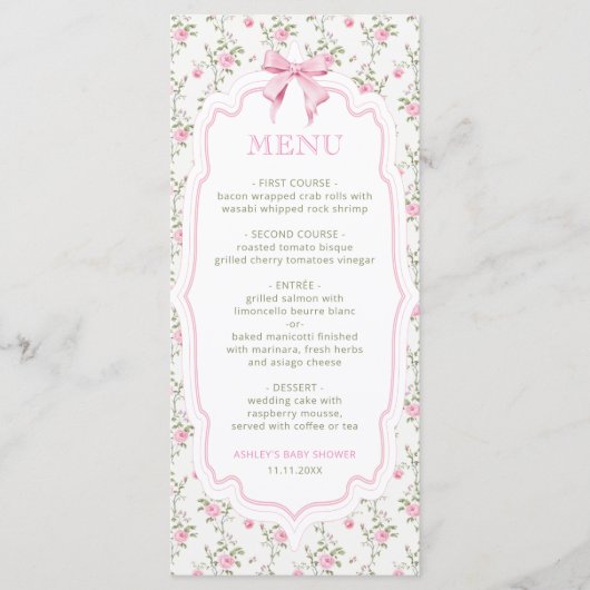 Coquette Roze Bow Elegant  Baby shower Menu (Voorkant)