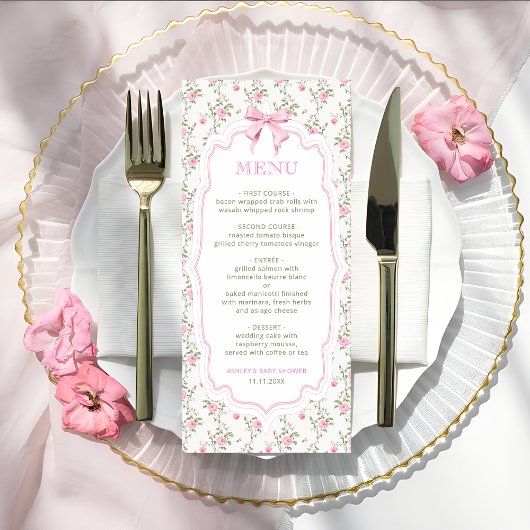 Coquette Roze Bow Elegant  Baby shower Menu