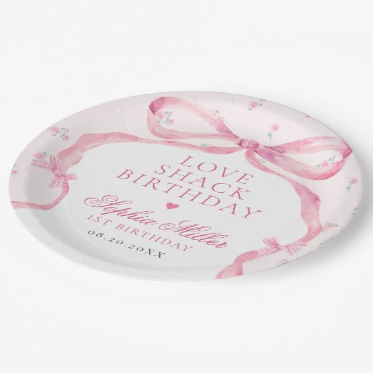 Coquette Roze Bow Love Shack Verjaardag Papieren Bordje (Gekanteld)
