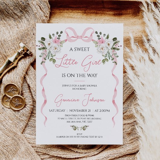 Coquette Roze Bow Meisjes Winter Bloemen Baby show Kaart