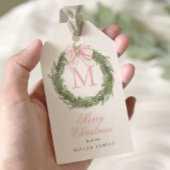 Coquette Roze Bow Monogram Krans Kerstmis Cadeaulabel