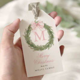 Coquette Roze Bow Monogram Krans Kerstmis Cadeaulabel