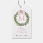 Coquette Roze Bow Monogram Krans Kerstmis Cadeaulabel (Voorkant)