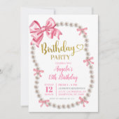 Coquette Roze Bow Parels Verjaardagsfeestje Uitnod Kaart (Voorkant)