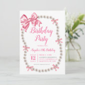 Coquette Roze Bow Parels Verjaardagsfeestje Uitnod Kaart (Staand voorkant)