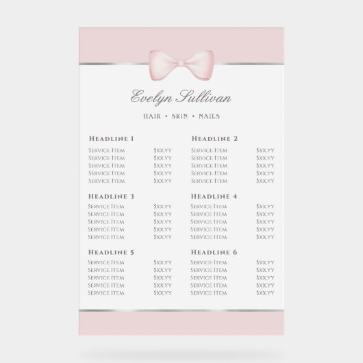 Coquette Roze Bow prijslijst Acryl Bord (Voorkant)