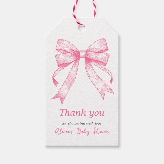Coquette Roze Bow Retro Meisje Baby shower Cadeaulabel (Voorkant)