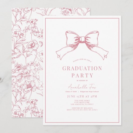 Coquette Roze Bow Ribbon Graduation Party Kaart (Voorkant / Achterkant)