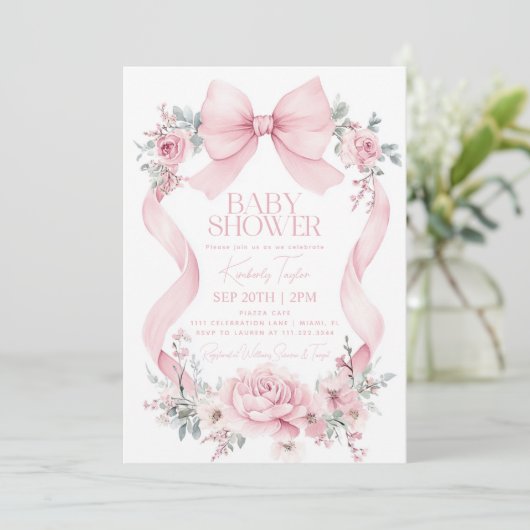 Coquette Roze Bow Rozen Flowers Baby shower Kaart (Staand voorkant)