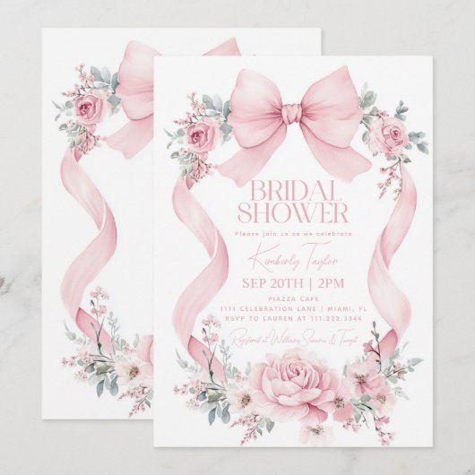 Coquette Roze Bow Rozen Flowers Vrijgezellenfeest Kaart (Voorkant / Achterkant)