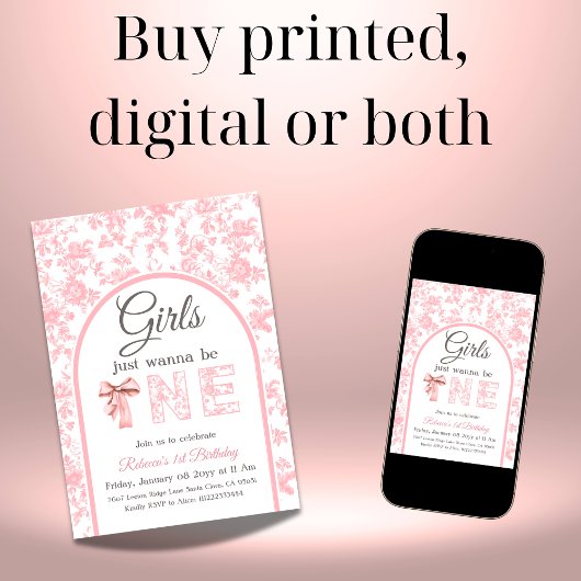 Coquette Roze Bow Toile Meisje Eerste 1e verjaarda Kaart