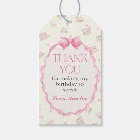 Coquette Roze Bow Verjaardag Gift Label Cadeaulabel (Voorkant)