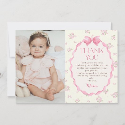 Coquette Roze Bow Verjaardagsfoto Dank u kaart (Voorkant)