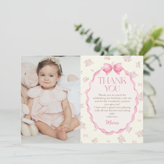 Coquette Roze Bow Verjaardagsfoto Dank u kaart (Staand voorkant)