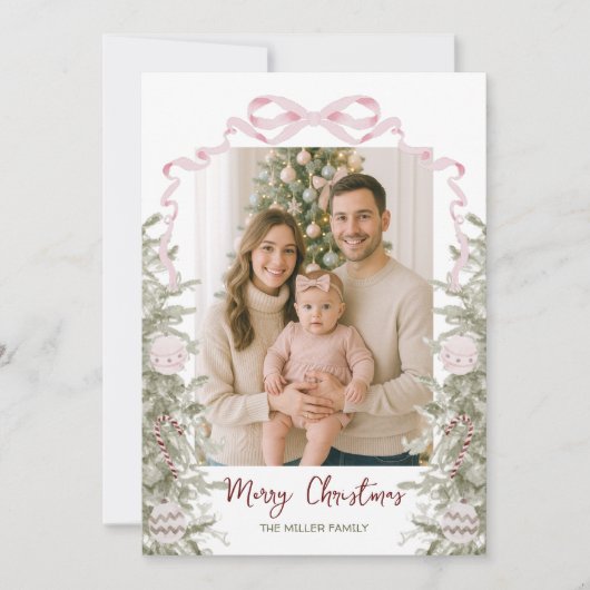 Coquette Roze Bow Vier Foto Kerstmis Feestdagenkaart (Voorkant)