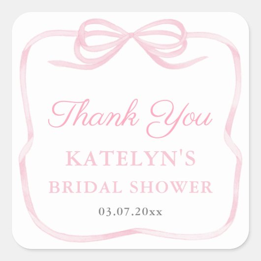 Coquette Roze Bow Vrijgezellenfeest Dank u voor uw Vierkante Sticker (Voorkant)