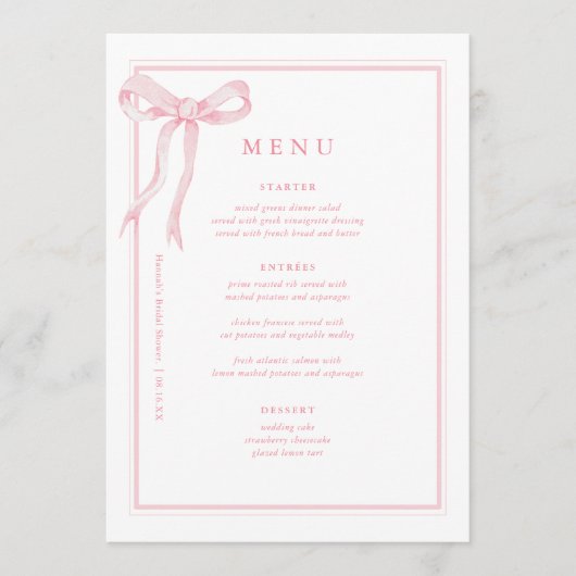 Coquette Roze Bow Vrijgezellenfeest Menu (Voorkant)