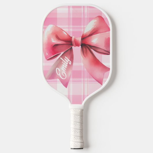Coquette Roze Bow Waterverf Plaid Naam Pickleball Paddle (Voorkant)