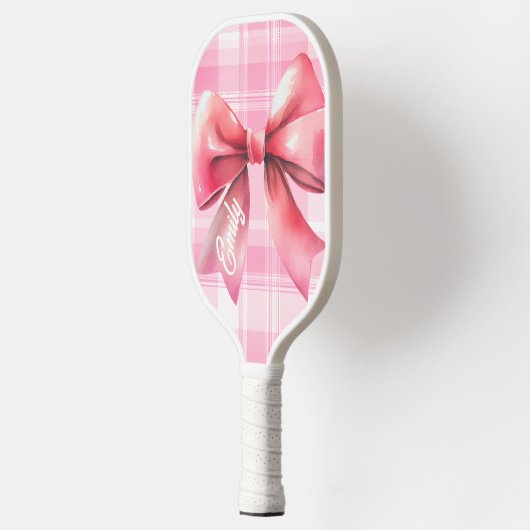Coquette Roze Bow Waterverf Plaid Naam Pickleball Paddle (Links)