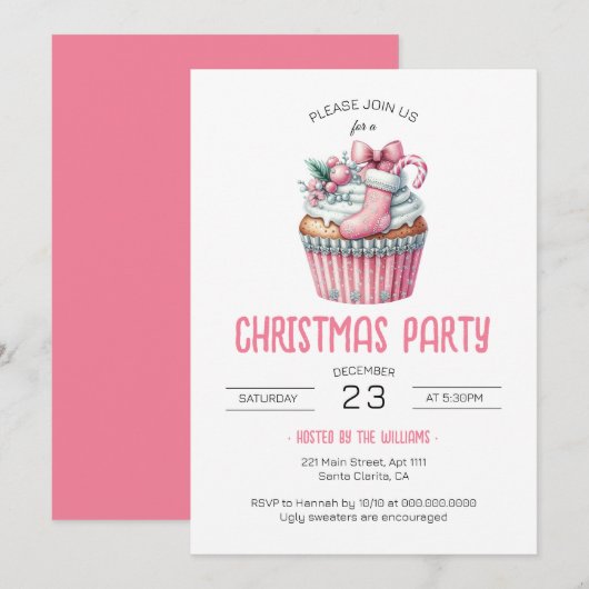 Coquette Roze Cupcake Kerstfeest Kaart (Voorkant / Achterkant)