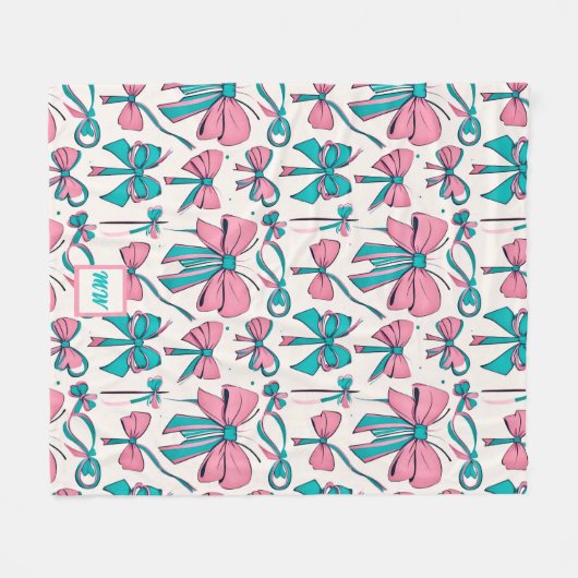 Coquette roze en blauwgroen bogen monogram fleece deken (Voorkant (Horizontaal))