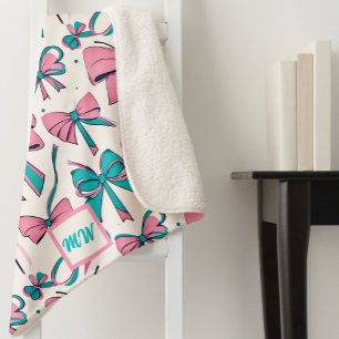 Coquette roze en blauwgroen bogen monogram sherpa deken
