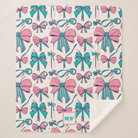 Coquette roze en blauwgroen bogen monogram sherpa deken (Voorkant)