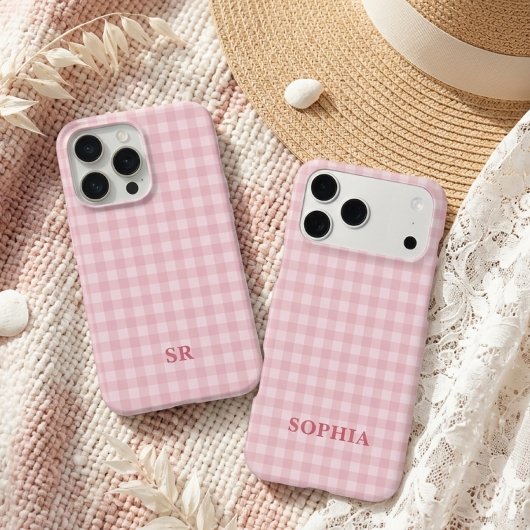 Coquette Roze Gingham Monogram Bruidsmeisje Initia iPhone Hoesje