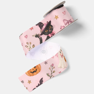 Coquette Roze Halloween Geest Zwarte Kat Pompoen Satijnen Lint
