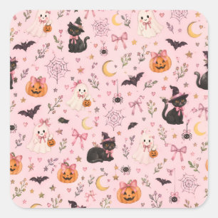 Coquette Roze Halloween Geest Zwarte Kat Pompoen Vierkante Sticker