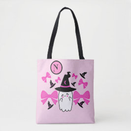 Coquette Roze Halloween Witchy Ghost Monogram Tote Bag
